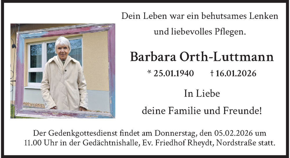  Traueranzeige für Barbara Orth-Luttmann vom 01.02.2026 aus trauer.panorama-anzeigenblatt.de