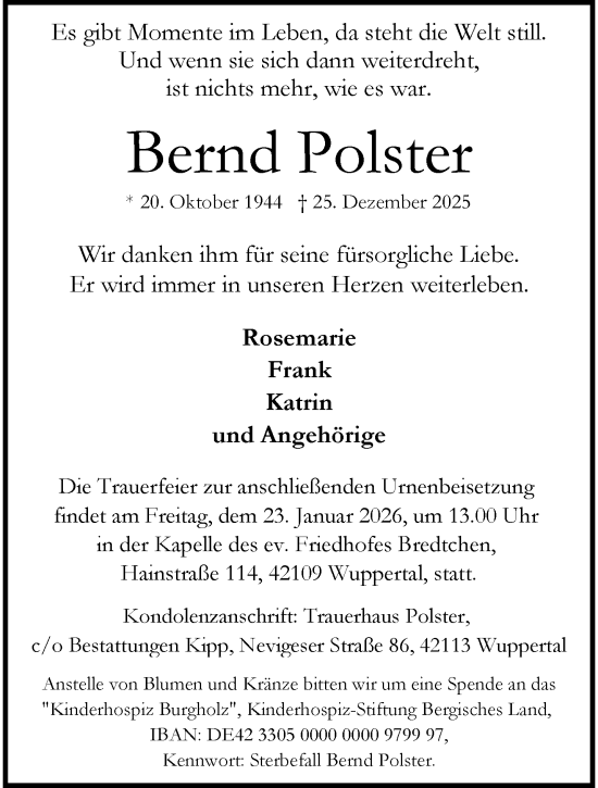 Traueranzeige von Bernd Polster von trauer.wuppertaler-rundschau.de