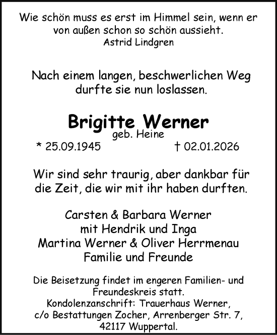 Traueranzeige von Brigitte Werner von trauer.wuppertaler-rundschau.de