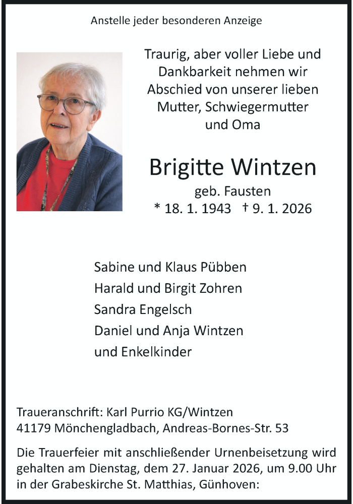  Traueranzeige für Brigitte Wintzen vom 18.01.2026 aus trauer.panorama-anzeigenblatt.de