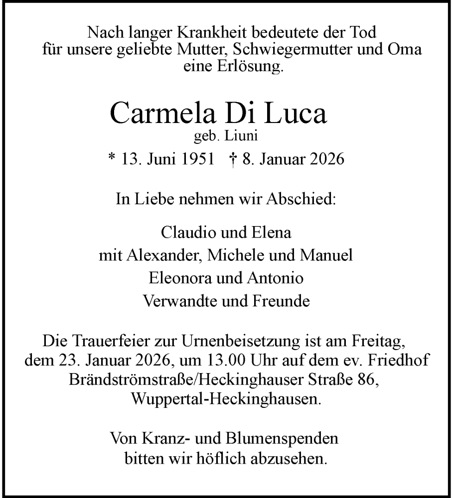  Traueranzeige für Carmela Di Luca vom 17.01.2026 aus trauer.wuppertaler-rundschau.de