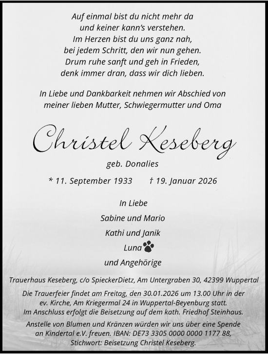 Traueranzeige von Christel Keseberg von trauer.wuppertaler-rundschau.de