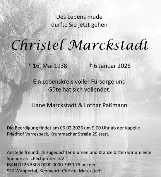 Traueranzeige von Christel Marckstadt von trauer.wuppertaler-rundschau.de