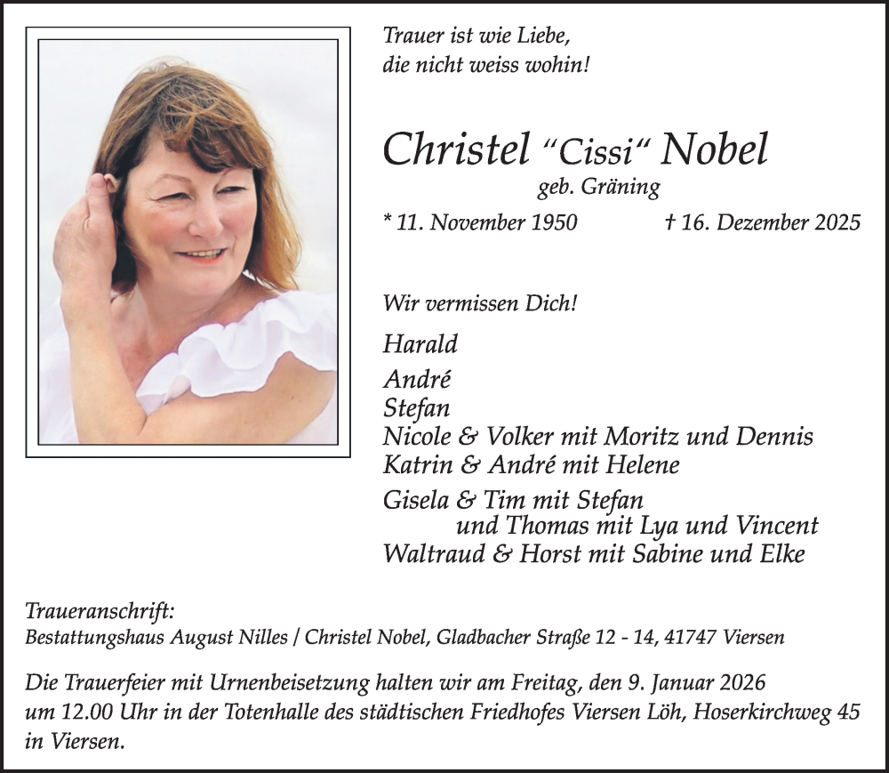  Traueranzeige für Christel Nobel vom 04.01.2026 aus trauer.panorama-anzeigenblatt.de