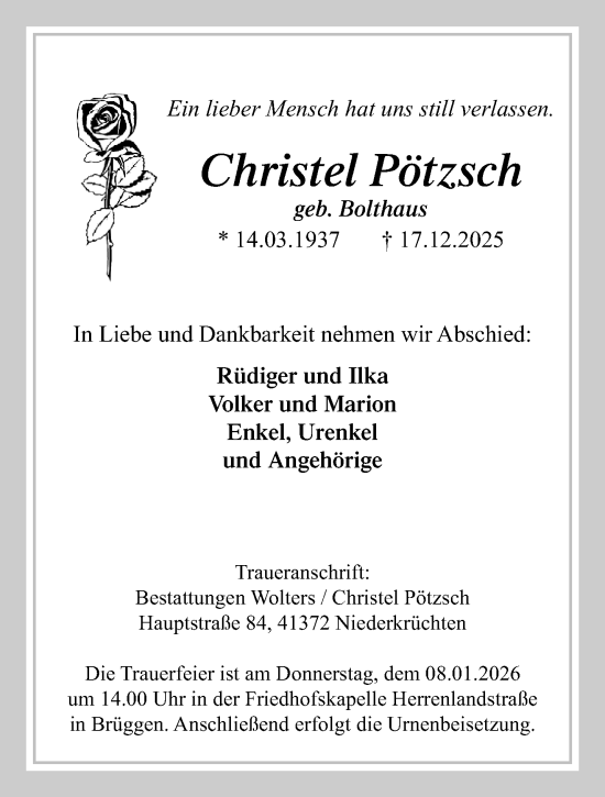 Traueranzeige von Christel Pötzsch von trauer.panorama-anzeigenblatt.de