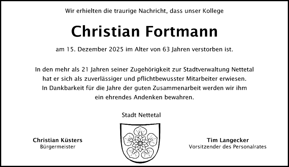  Traueranzeige für Christian Fortmann vom 04.01.2026 aus trauer.panorama-anzeigenblatt.de
