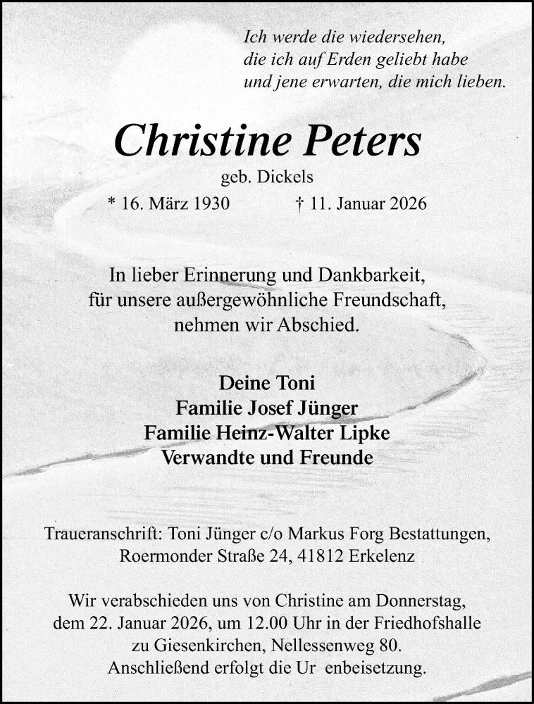  Traueranzeige für Christine Peters vom 18.01.2026 aus trauer.panorama-anzeigenblatt.de