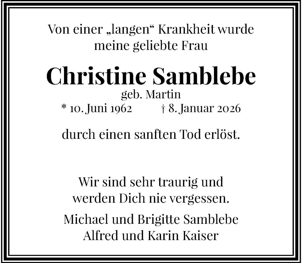  Traueranzeige für Christine Samblebe vom 18.01.2026 aus trauer.panorama-anzeigenblatt.de
