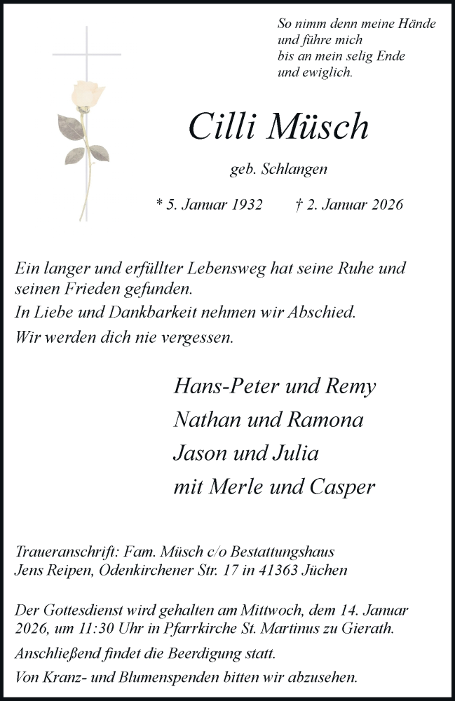  Traueranzeige für Cilli Müsch vom 10.01.2026 aus trauer.stadt-kurier.de