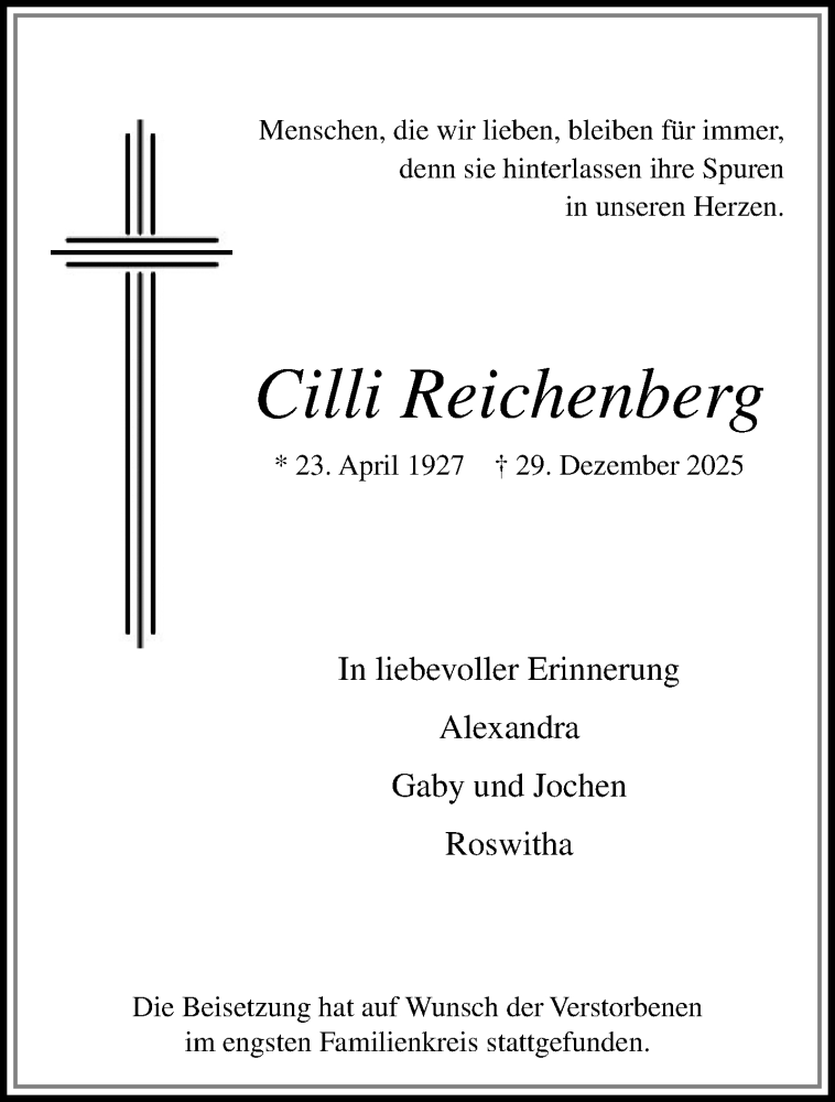  Traueranzeige für Cilli Reichenberg vom 11.01.2026 aus trauer.panorama-anzeigenblatt.de