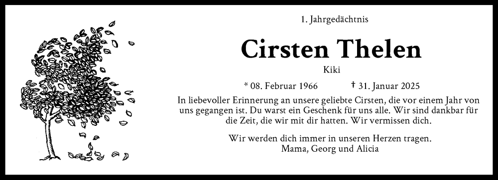  Traueranzeige für Cirsten Thelen vom 01.02.2026 aus trauer.panorama-anzeigenblatt.de