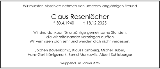 Traueranzeige von Claus Rosenlöcher von trauer.wuppertaler-rundschau.de