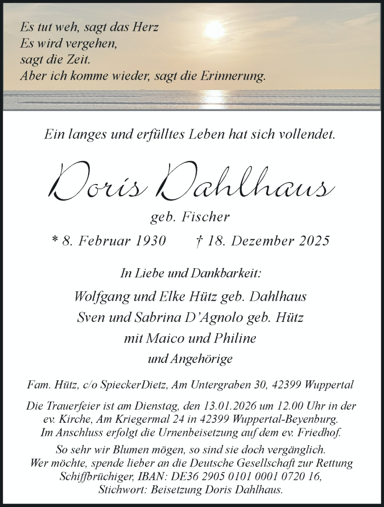  Traueranzeige für Doris Dahlhaus vom 10.01.2026 aus trauer.wuppertaler-rundschau.de