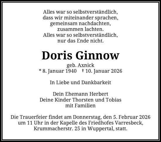 Traueranzeige von Doris Ginnow von trauer.wuppertaler-rundschau.de