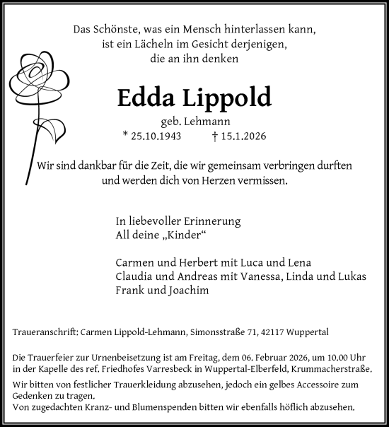 Traueranzeige von Edda Lippold von trauer.wuppertaler-rundschau.de