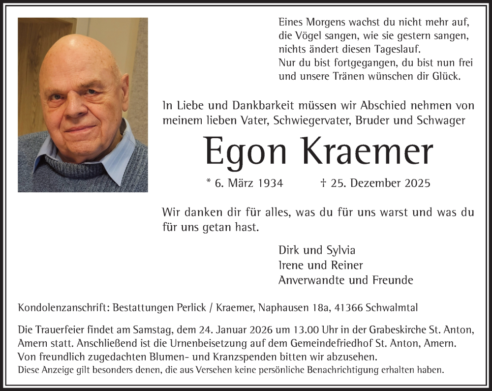 Traueranzeige für Egon Kraemer vom 18.01.2026 aus trauer.panorama-anzeigenblatt.de