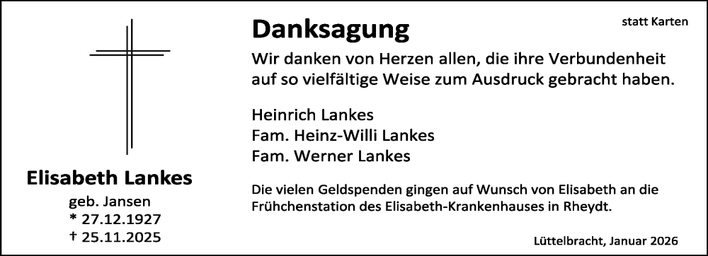  Traueranzeige für Elisabeth Lankes vom 04.01.2026 aus trauer.panorama-anzeigenblatt.de