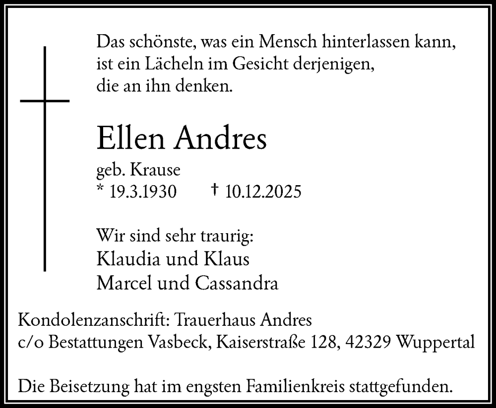  Traueranzeige für Ellen Andres vom 03.01.2026 aus trauer.wuppertaler-rundschau.de