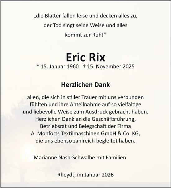 Traueranzeige von Eric Rix von trauer.panorama-anzeigenblatt.de