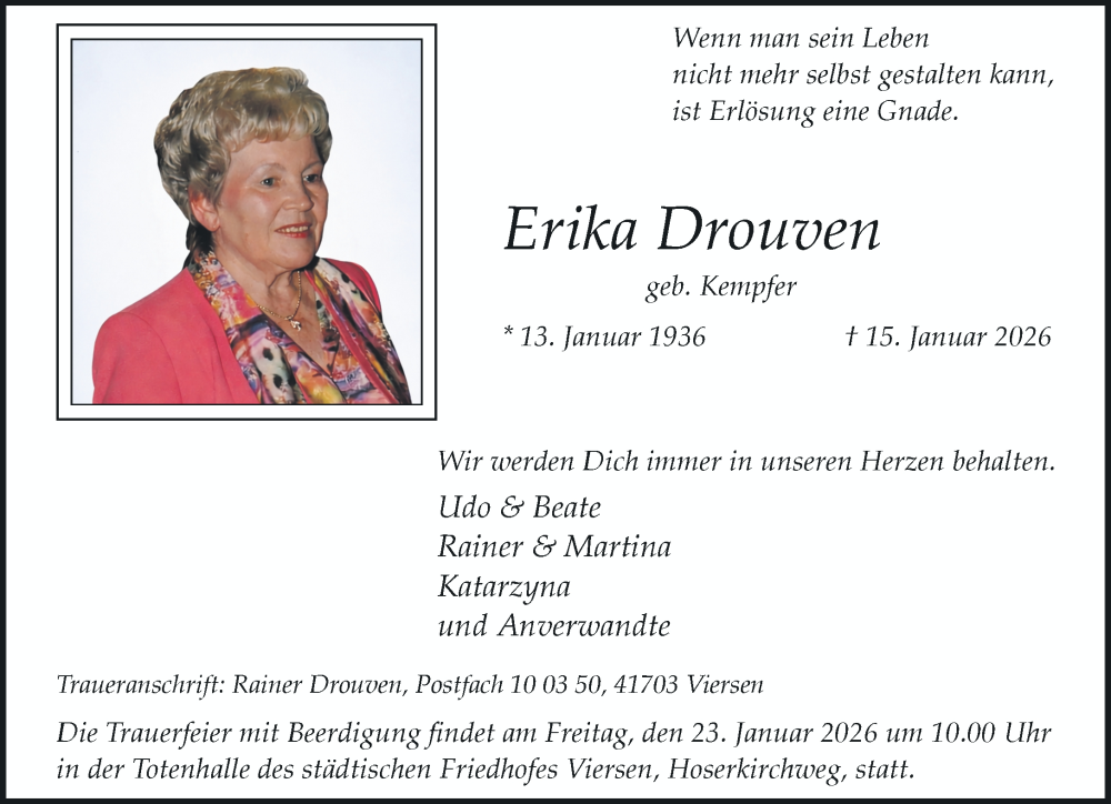  Traueranzeige für Erika Drouven vom 18.01.2026 aus trauer.panorama-anzeigenblatt.de