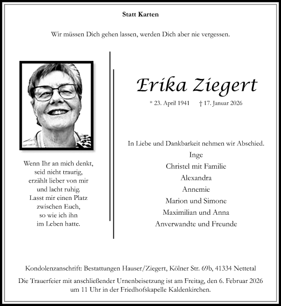 Traueranzeige von Erika Ziegert von trauer.panorama-anzeigenblatt.de