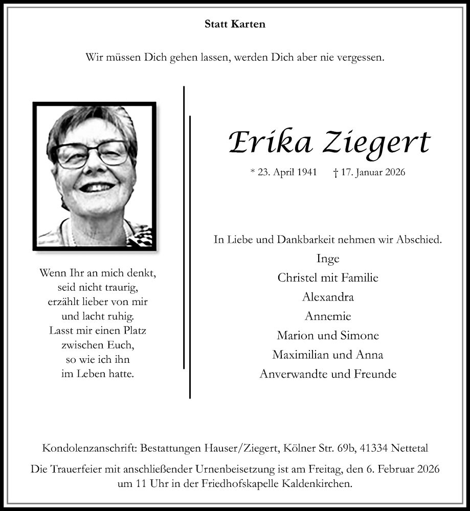  Traueranzeige für Erika Ziegert vom 25.01.2026 aus trauer.panorama-anzeigenblatt.de