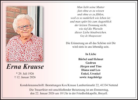 Traueranzeige von Erna Krause von trauer.panorama-anzeigenblatt.de