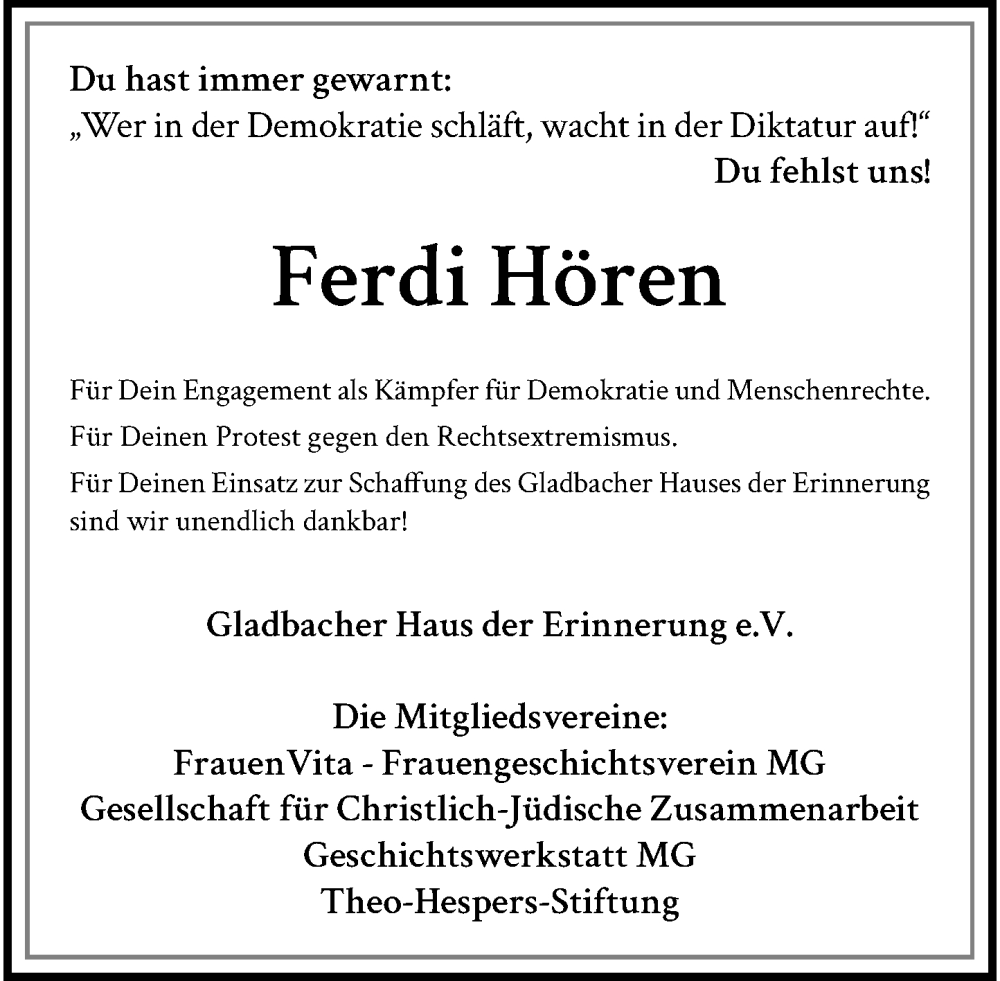  Traueranzeige für Ferdi Hören vom 25.01.2026 aus trauer.panorama-anzeigenblatt.de