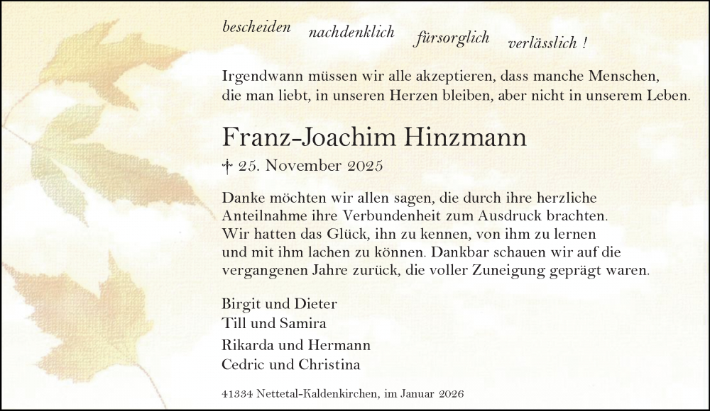  Traueranzeige für Franz-Joachim Hinzmann vom 11.01.2026 aus trauer.panorama-anzeigenblatt.de