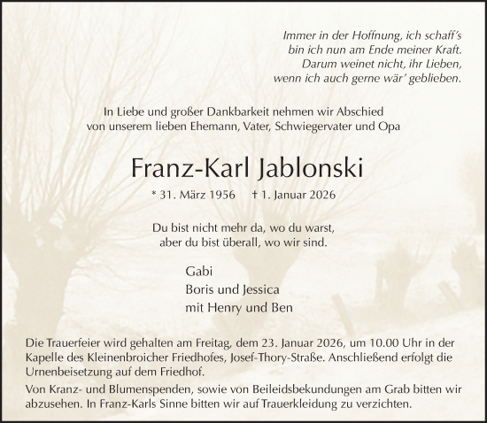 Traueranzeige von Franz-Karl Jablonski von trauer.panorama-anzeigenblatt.de