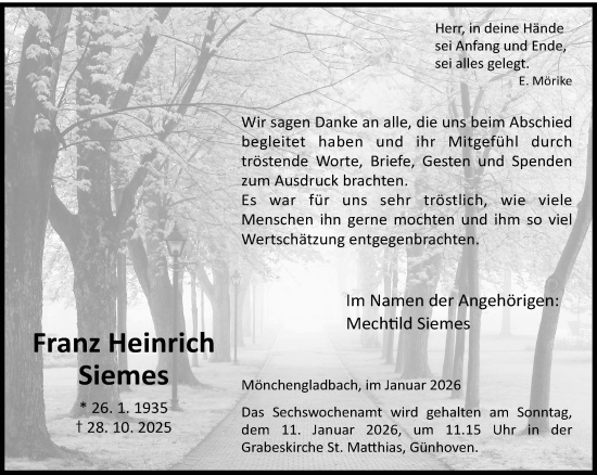 Traueranzeige von Franz Heinrich Siemes von trauer.panorama-anzeigenblatt.de
