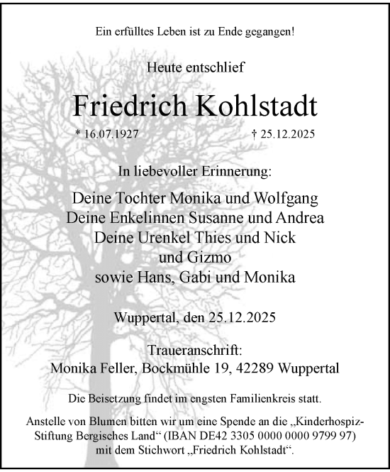 Traueranzeige von Friedrich Kohlstadt von trauer.wuppertaler-rundschau.de