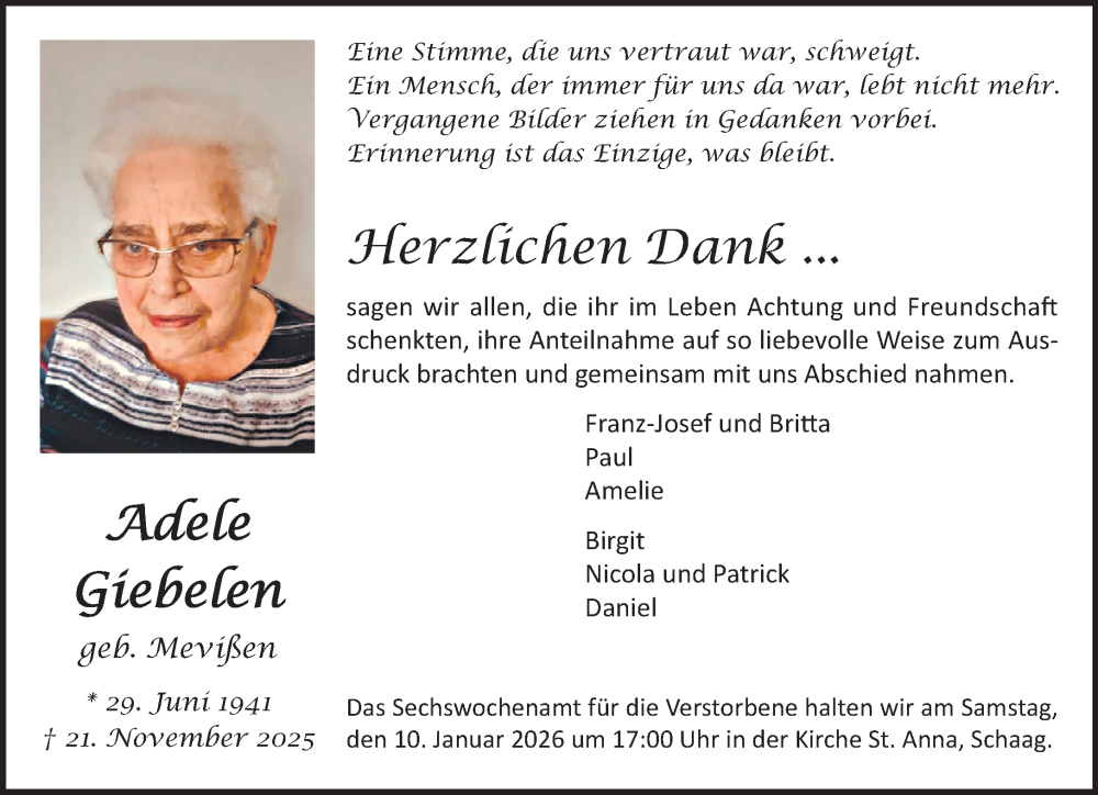  Traueranzeige für Gabriele Giebelen vom 04.01.2026 aus trauer.panorama-anzeigenblatt.de