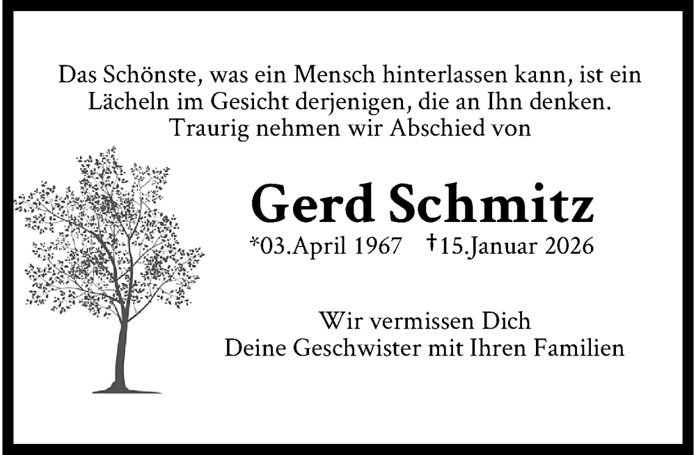  Traueranzeige für Gerd Schmitz vom 25.01.2026 aus trauer.panorama-anzeigenblatt.de