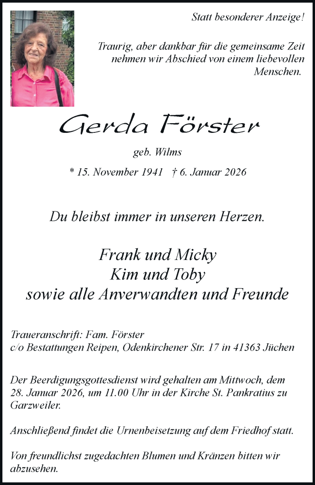  Traueranzeige für Gerda Förster vom 17.01.2026 aus trauer.stadt-kurier.de