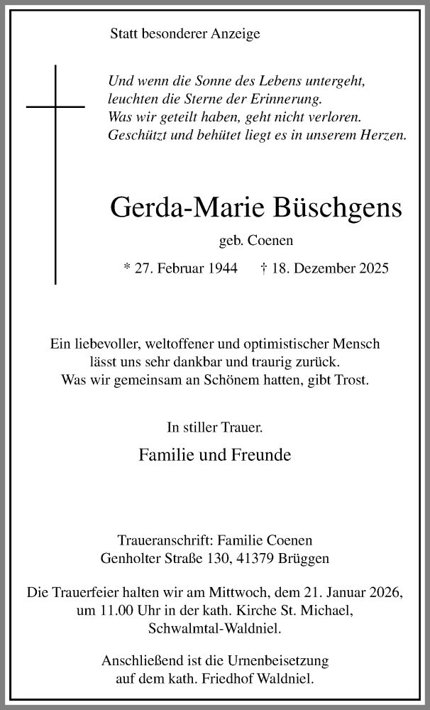  Traueranzeige für Gerda-Marie Büschgens vom 11.01.2026 aus trauer.panorama-anzeigenblatt.de