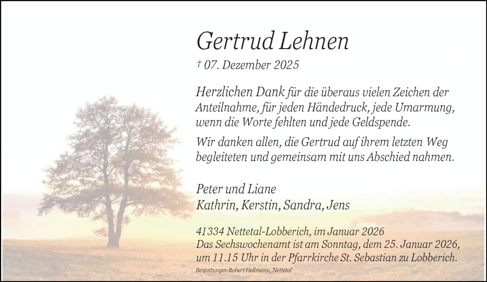  Traueranzeige für Gertrud Lehnen vom 18.01.2026 aus trauer.panorama-anzeigenblatt.de