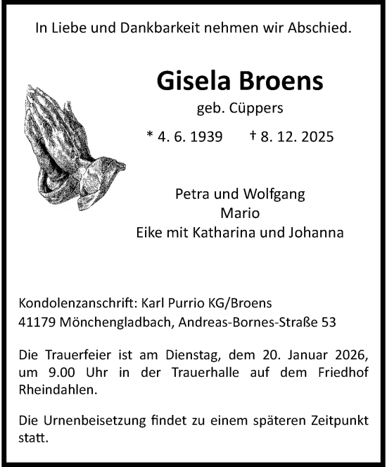 Traueranzeige von Gisela Broens von trauer.panorama-anzeigenblatt.de