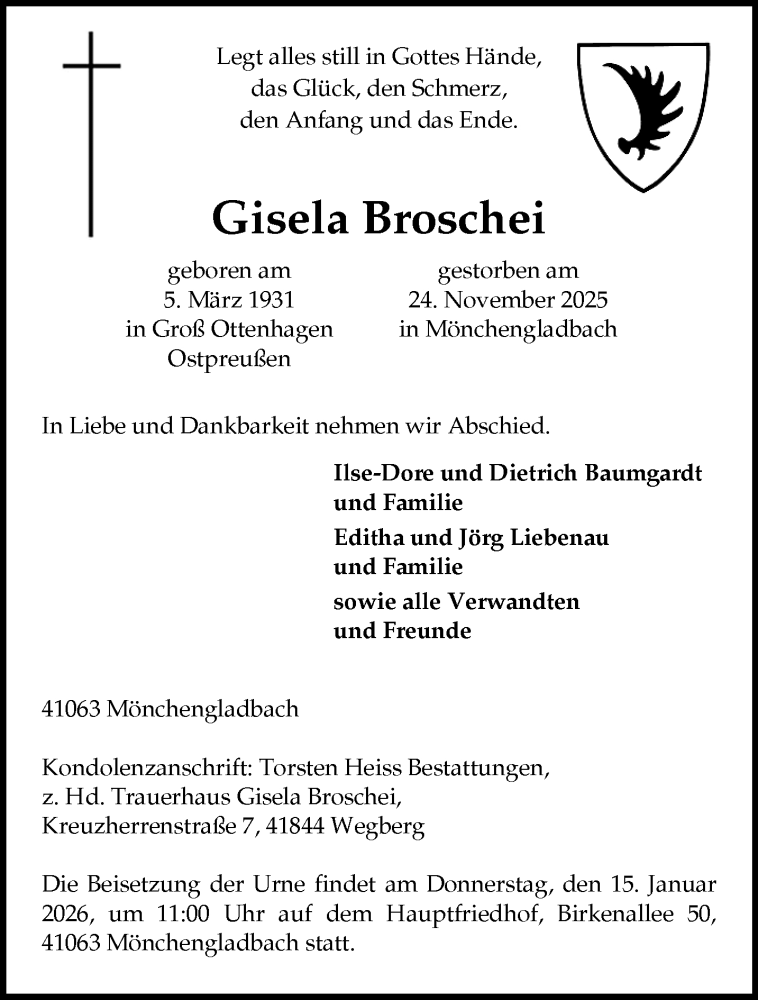  Traueranzeige für Gisela Broschei vom 11.01.2026 aus trauer.panorama-anzeigenblatt.de