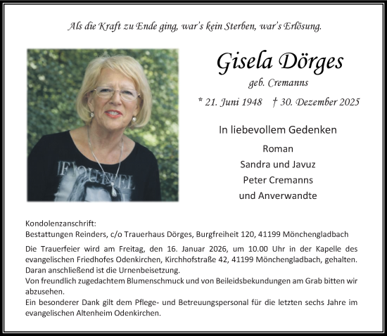 Traueranzeige von Gisela Dörges von trauer.panorama-anzeigenblatt.de