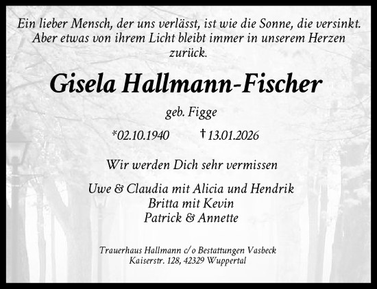 Traueranzeige von Gisela Hallmann-Fischer von trauer.wuppertaler-rundschau.de