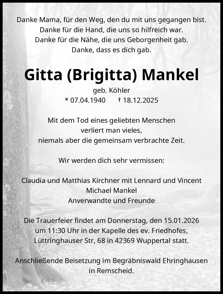  Traueranzeige für Gitta Mankel vom 03.01.2026 aus trauer.wuppertaler-rundschau.de