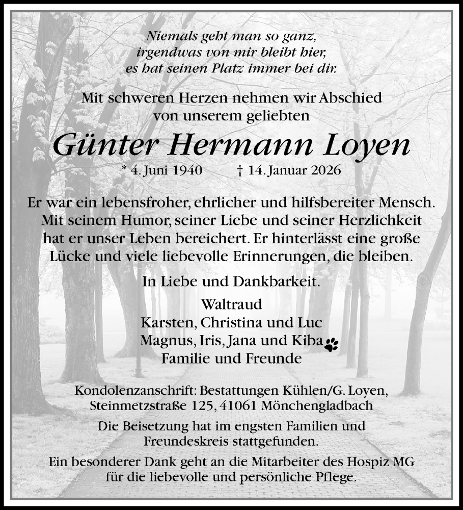  Traueranzeige für Günter Hermann Loyen vom 25.01.2026 aus trauer.panorama-anzeigenblatt.de