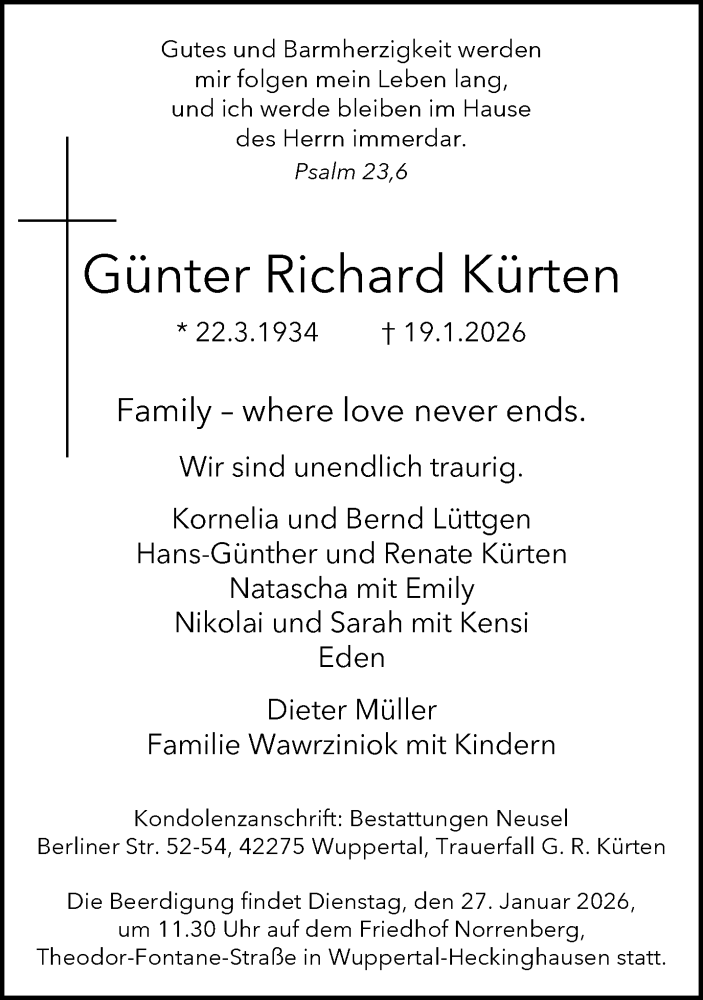  Traueranzeige für Günter Richard Kürten vom 24.01.2026 aus trauer.wuppertaler-rundschau.de