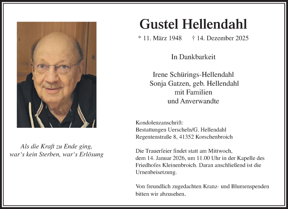  Traueranzeige für Gustel Hellendahl vom 11.01.2026 aus trauer.panorama-anzeigenblatt.de