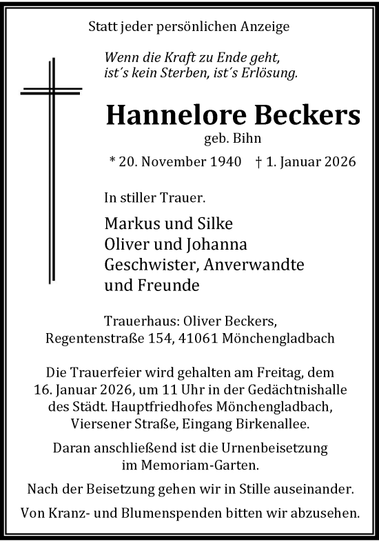 Traueranzeige von Hannelore Beckers von trauer.panorama-anzeigenblatt.de