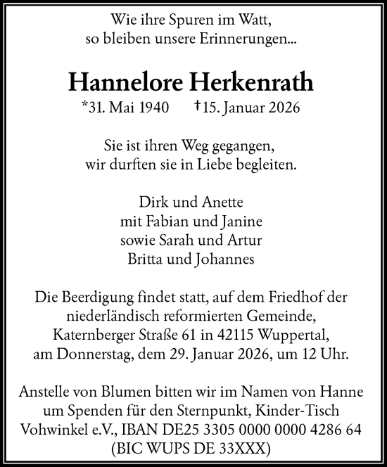 Traueranzeige von Hannelore Herkenrath von trauer.wuppertaler-rundschau.de
