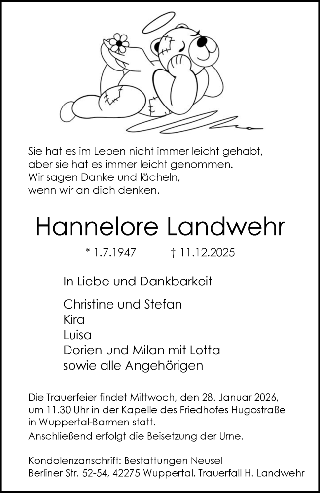  Traueranzeige für Hannelore Landwehr vom 24.01.2026 aus trauer.wuppertaler-rundschau.de