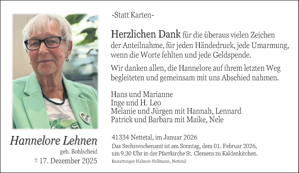  Traueranzeige für Hannelore Lehnen vom 25.01.2026 aus trauer.panorama-anzeigenblatt.de