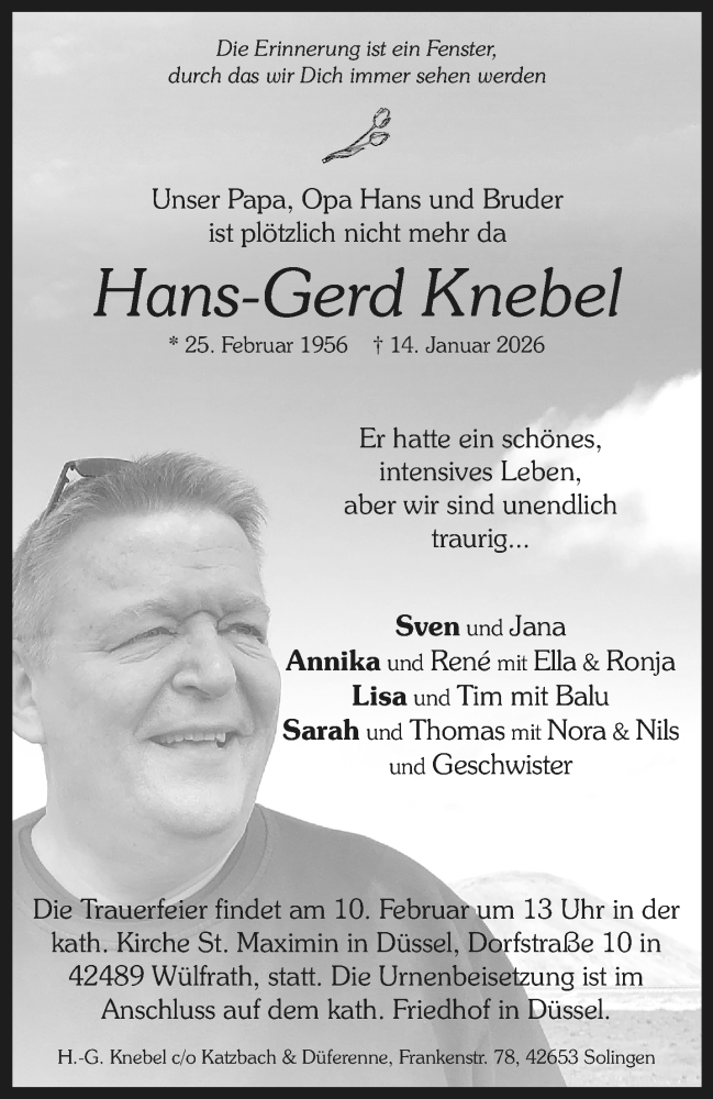  Traueranzeige für Hans-Gerd Knebel vom 31.01.2026 aus trauer.wuppertaler-rundschau.de